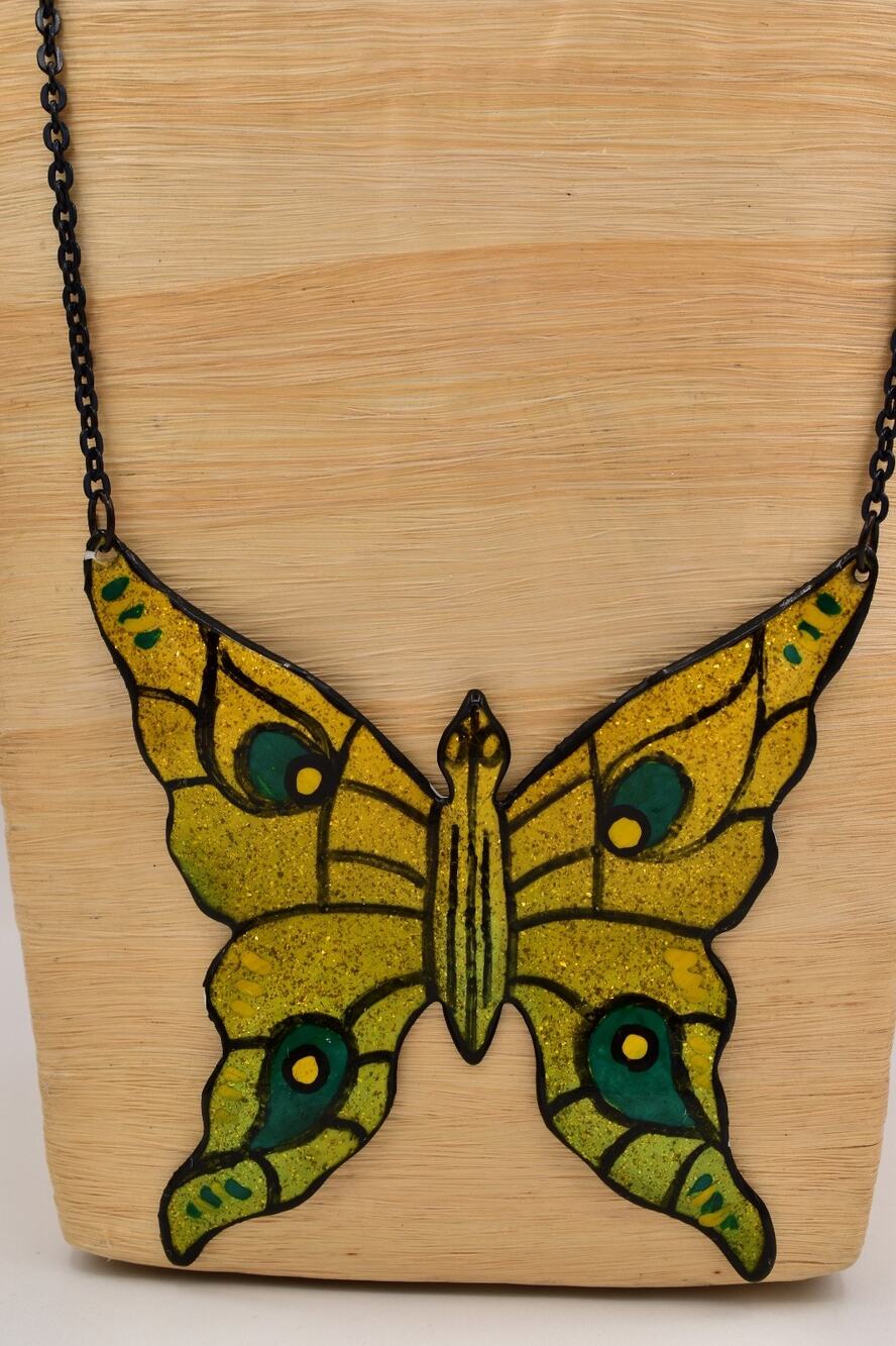 Vintage West Germany Enamel Metal Butterfly Necklace Huge Statement Pendant Bin2